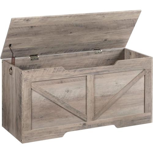 HOOBRO Storage Bench, 39.4” Retro Wooden Storage Chest with U-Shaped Cut-Out Pull, Safety Hinge, Supports 220 lb and Easy Assembly for Toy Box Organizer (Greige) BG771CW01