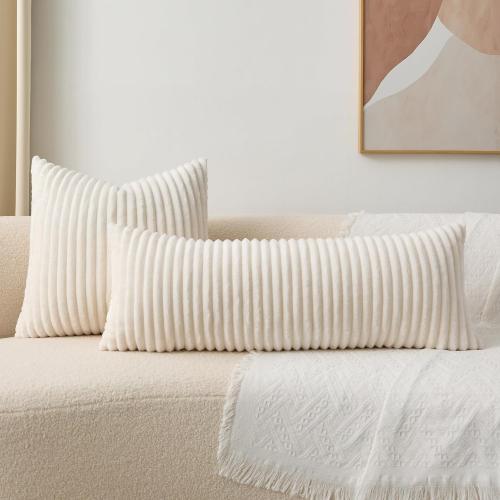 Kevin Textile Soft Plush 14x36 Inch Long Lumbar Pillow Cover 1 Pack, Luxury Fluffy Faux Fur Striped Flannel Rectangle Body Cushion Case for Couch Sofa Chair Bed Home Decor, Cream White