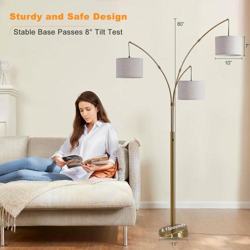 Gold Floor Lamps for Living Room, Super Bright Arc Floor Lamp with Remote Control, 3 Light Tall Floor Lamps with Stepless Dimmable, 80 Mid Century Tree Floor Lamp for Bedroom, Office
