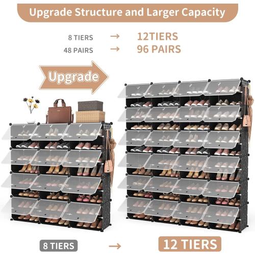 ROJASOP Shoe Storage Cabinet, 12-Tier Shoe Organizer 96 Pairs Extra Large Plastic Shoe Rack with Covers Portable Shoe Rack Organizer with Doors Big Shoe Rack for Closet Entryway Bedroom