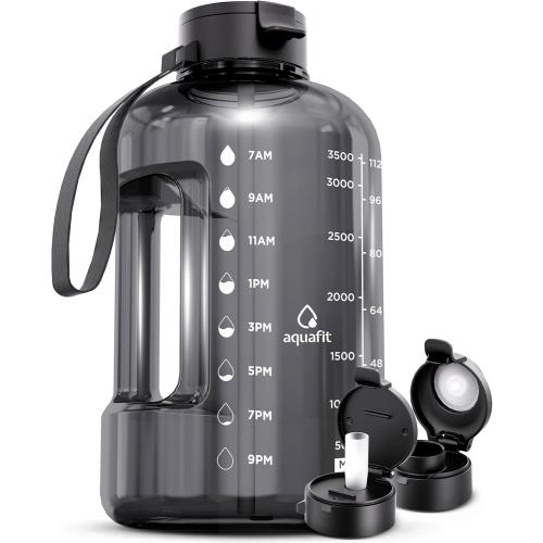 Size 1 gallon Color Grey  AQUAFiT 1 Gallon Water Bottle with Time Marker - Straw & Chug Lid - BPA Free Gym Water Bottle with Straw - Big Gallon Jug (Gray, 128 oz - 2 Lids)