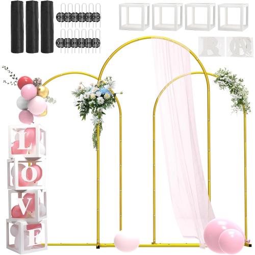 Gold 3 Pack 4 ft/5 ft/6 ft Metal Arch Backdrop Stand , Round Top Wedding Arch Frame Gold Balloon Arch Stand for Wedding/ Birthday Party/ Baby Shower/ Graduation Ceremony Banquet Decoration