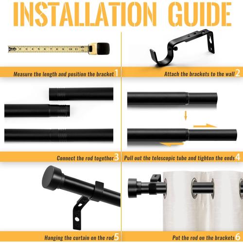 Zeerobee Curtain Rods, 120-170 Inch, Black, Metal, Matte Painted, 1 Inch Heavy Duty, Adjustable Telescopic, Wall/Ceiling Mounted