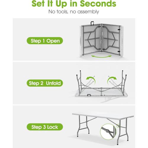 Pureegg 6FT Folding Table - No Assembly Required, Versatile Dining Table with Carrying Handle & Tabletop Safety Lock, Portable Foldable Table for Party, Craft, Camping, Picnic, White