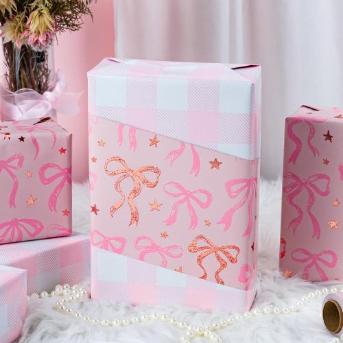 MAYPLUSS Pink Wrapping Paper Roll, Cute Bow Gift Wrap, Reversible Plaid Gift Paper for Girl Baby Shower, Birthday, Wedding 17 Inch x 33 Feet