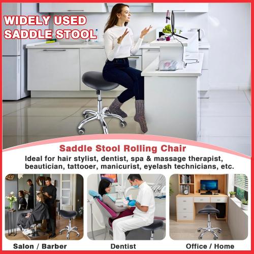 Saddle Stool - Saddle Chair, Adjustable Rolling Saddle Stool with 360° Swivel Wheels, Ergonomic Stool for Hair Stylist Dentist Salon Spa Massage Tattoo Home Office, 300 lbs Weight Capacity (Black)