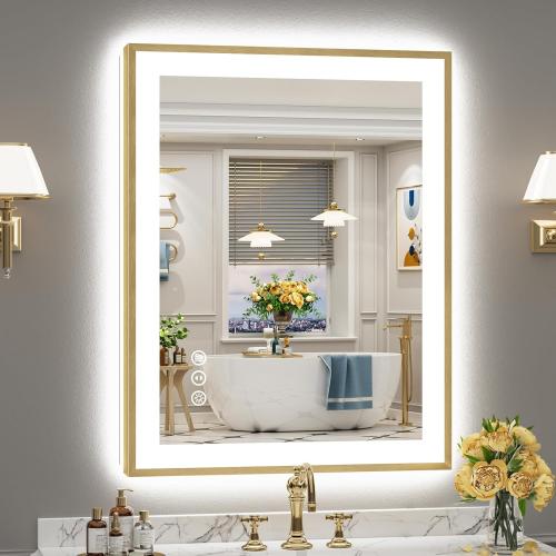 28x36 Gold LED Bathroom Mirror with Lights, Brushed Gold Framed Backlit and Front Lit Anti-Fog Lighted Vanity Mirrors for Bathroom Wall, Dimmable, 3 Colors, Memory, HD Tempered Glass, CRI＞90