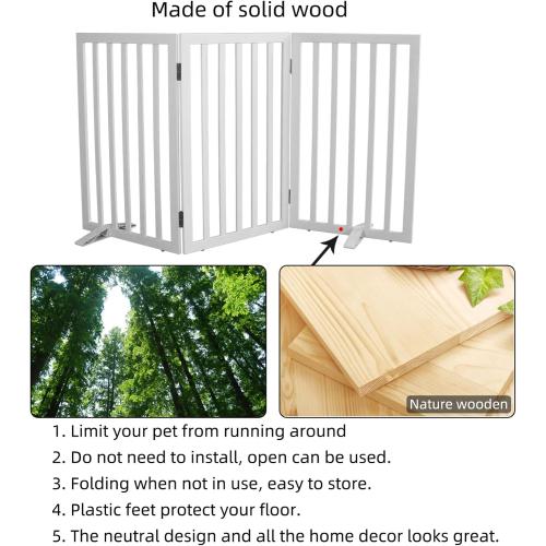 Dog Gate Indoor, Freestanding Dog Fence for The House, Doorways, Hallways,or Stairs,Pet Gate Foldable Wooden,Expandable 32 Height 3 Panels,White