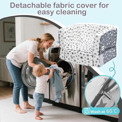 Toddler Travel Bed, Portable Toddler Bed & Chair 2-in-1 – Convertible Travel Crib with Storage Pockets, Built-waterproof Oxford Cloth, Easy,Washable Covers,Soft Dutch Velvet (Stars Pattern)