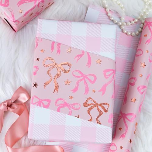 MAYPLUSS Pink Wrapping Paper Roll, Cute Bow Gift Wrap, Reversible Plaid Gift Paper for Girl Baby Shower, Birthday, Wedding 17 Inch x 33 Feet