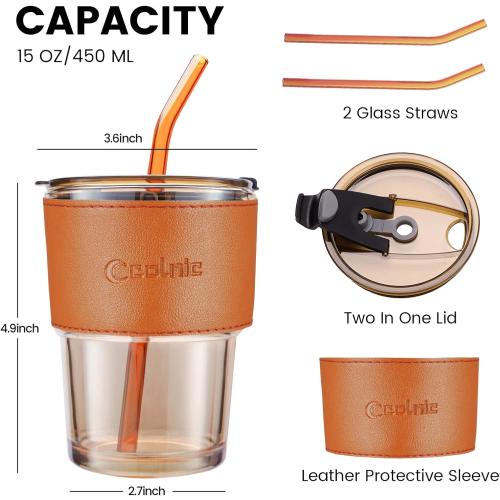 Iced Coffee Cup, 15 oz Glass Cups With Lids And Straws, Iced Coffee Glasses Tumbler, Thick Wall Mug For Tea Water With 2 Straw And Leather Sleeve, Glass Tumbler Gifts