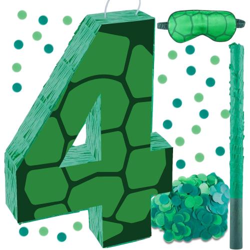 16 Inch Turtle Number 4 Pinata, Turtle Birthday Decorations, Turtle Theme Pinata with 16 Inch Stick Blindfold Confetti for Boy Girl Kids 4th Birthday Party Supplies(4th)