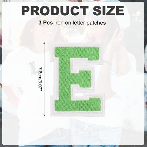 MECCANIXITY Iron on Letter Patches, 3 Pcs 3.1/7.8cm Alphabet E Iron on Embroidered Applique Sew on Patches for Clothes, Dress, Socks, Jeans, Hats, DIY Accessories(Green)