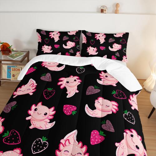 Cute Axolotl Bedding Set Twin Size,Pink Axolotl Strawberry Printed Comforter Sets Aesthetic Bedding for Kids Girls,Beach Coastal Animal Themed Comforter Sets with 2 Pillowcases.