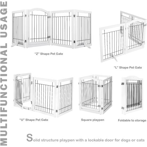 SPIRICH 96-inch Extra Wide 30-inches Tall Dog Gate with Door Walk Through, Freestanding Wire Pet Gate for The House, Doorway, Stairs, Pet Puppy Safety Fence, Support Feet Included (White)