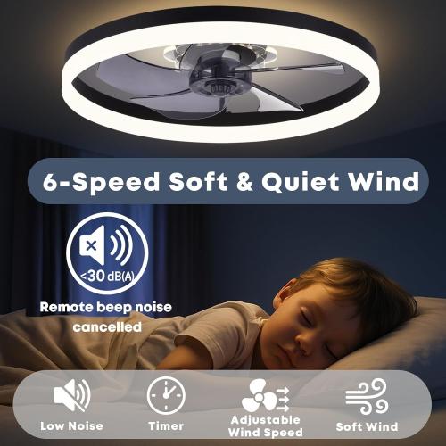 Fszdorj 23.6'' Ceiling Fan with Light, Upgraded Low Profile Fan, Flush Mount Ceiling Fan, 6 Speeds, Dimmable LED, App & Remote Control, Quiet DC Motor, for Bedroom, Living Room, F115 Black N