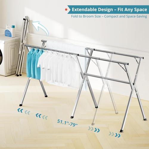 JAUREE 79 Inches Clothes Drying Rack, Drying Rack Clothing Folding Indoor Outdoor, Heavy Duty Stainless Steel Laundry Rack, Foldable Portable Large Clothes Rack Garment Rack with 20 Windproof Hooks