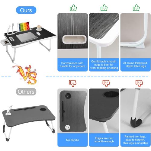 Laptop Bed Table, Laptop Desk for Bed, Foldable Laptop Bed Desk with USB Charge Port, Handle, Desktop Card Slot, Cup Slot, Side Drawer, Portable Laptop Table for Bed Eating Reading Working