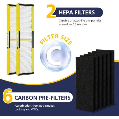 2 Pack FLT5000 HEPA Replacement Filt-er C with 6 Pack Activated Carbon for G-Guardian AC5250PT AC5000 AC5000E AC5300B AC5350B AC5350BCA AC5350W CDAP5500