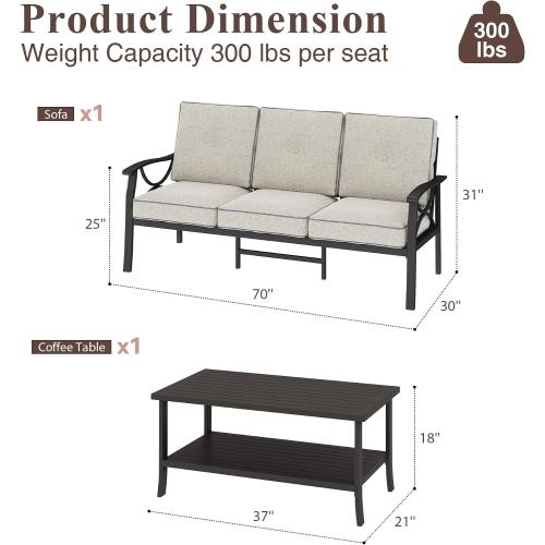 RoyalCraft Outdoor Patio Furniture Set, 2 Piece Patio Conversation Set, Metal Furniture Set with 3 seat Sofa for Porch Backyard, Black Metal Chair with Gray Cushions