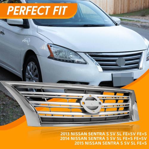 Front Bumper Cover Upper Grille Replacement Shroud Chrome Front Mesh Air Intake for 2013-2015 Nissan Sentra S SV SL FE S