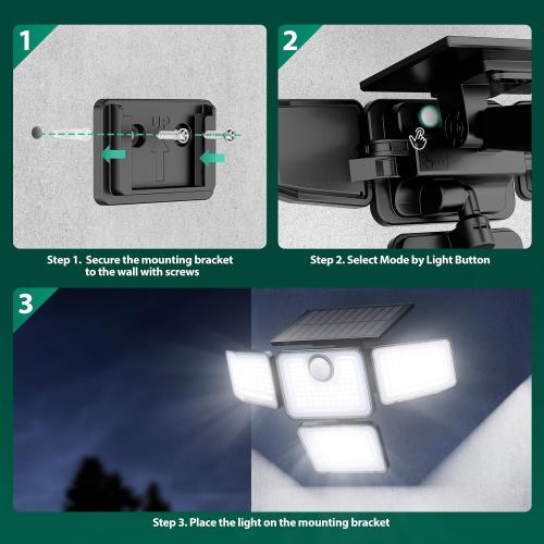 3000LM Solar Lights Outdoor, 4 Adjustable Heads Motion Sensor Security Light, 3 Modes, 6500K, IP65 Waterproof Solar Wall Flood Lights for Garden, Outside, Backyard, 1 Pack