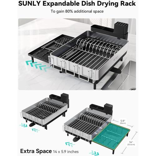 SUNLY Large Dish Drying Rack, Expandable Dish Racks for Kitchen Counter, Space Saving 304 Stainless Steel Drying Rack Kitchen, Extra Large Drainer with Multifunctional Flip Up Pegs, Black