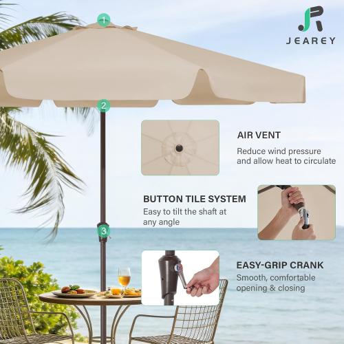 JEAREY 9' Outdoor Patio Umbrellas, Market Umbrella, Beige | 8 Sturdy Ribs, Tilt & Crank lift, Vented Canopy, Ideal for Garden, Deck, Backyard, Pool‼️missing pieces‼️