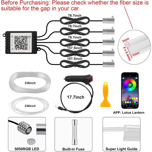 Interior Car LED Strip Lights APP Control, 5 in 1 RGB 16 Million Colors Ambient Lighting Kit with 236 inches Fiber Optic, Music Mode Inside Car Lighting Decorations