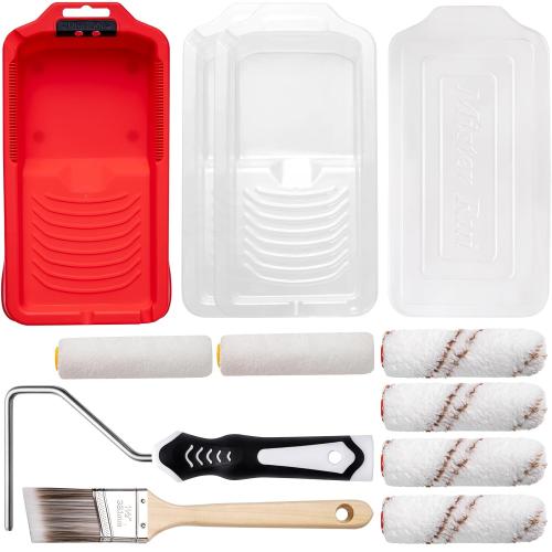 Mister Rui 4 Inch Mini Paint Roller Kit 12-Pc with Tray, Liners & Brush | Microfiber Sleeves for Smooth Finish. Ideal for Walls, Cabinets, Trim, Furniture and DIY Projects