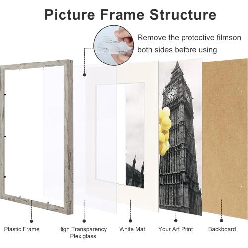 BSRHOMR 12x16 Picture Frame with Mat, Distressed Gray Photo Frame 6 Pack with 11 x 14 Mat, Display Table Top or Wall Mount for Home Decor