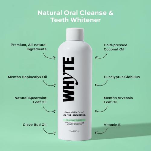 Whyte Cold-Pressed Organic Coconut Oil Pulling Mouthwash for Bad Breath, Teeth & Gum Health, Oral Rinse for Fresh Breath, Alcohol-Free & Fluoride-Free, 8oz (Spearmint) (2 pack)