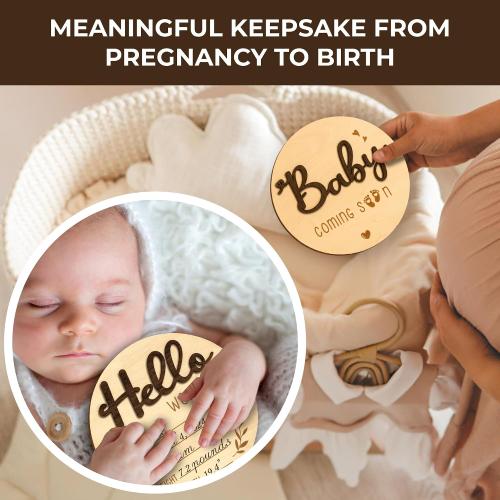 Baby Coming Soon Announcement - Wooden Double-Sided Pregnancy Sign for Hospital, Welcome Hello World Newborn, Name Birth