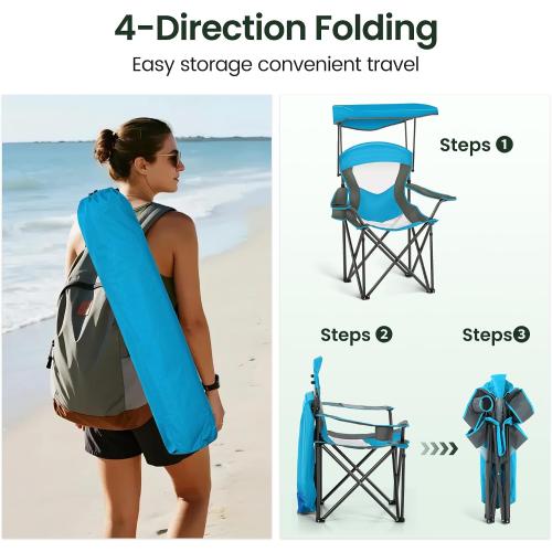 HIGH POINT SPORTS Canopy Camping Chairs with Shade Canopy Enamel Blue | Heavy Duty Canopy Lounge Chair, Sunshade Outdoor Lawn Chair, with Cup Holder for Outdoor, Camping, Beach and Patio