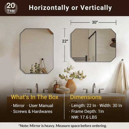 ANDY STAR Brushed Nickel Octagon Bathroom Mirror, 22x30 Inch Stainless Steel Metal Frame, Anti-Rust, Shatterproof HD Glass, Wall Mounted for Bathroom, Bedroom, Living Room