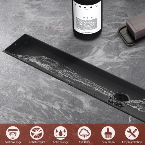 BLACK Linear Shower Drain with Tile Insert Panels, 24 Inch Black 304 Stainless Steel Rectangle Shower Floor Drain, with Hair Catcher, Adjustable Feet, Fits Bathroom, Balcony