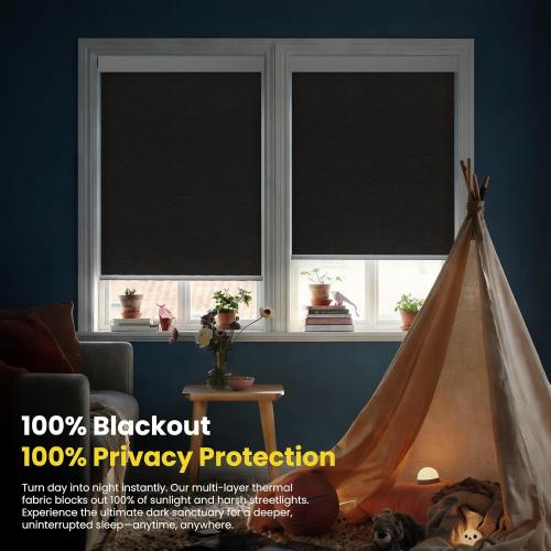 Motorized Blinds - No Drill Automatic Cordless Roller Shades Electric Smart Blinds with Remote Control (Black, 34 x 72), MH100