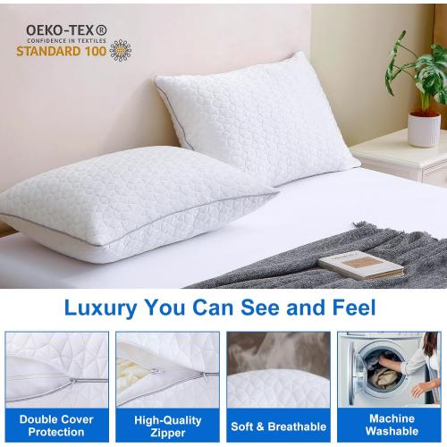 Cooling Pillows Queen Size Set of 2, Shredded Memory Foam Pillows, Adjustable Firm Bed Pillows Cool Cold Pillow for Hot Side Back Stomach Sleepers with Removable Washable Cover, 20 x 30, White