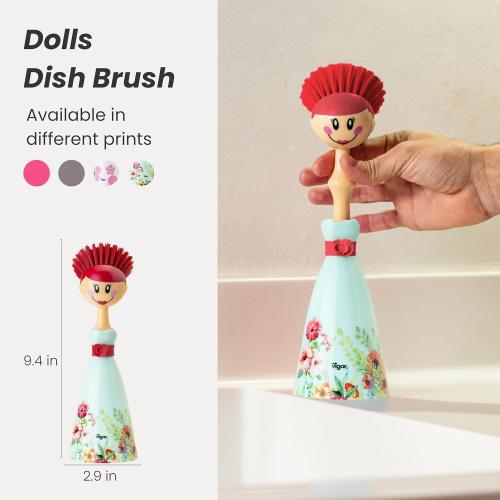 Vigar Dolls Dish Brush with Ergonomic Handle and Dres-shaped Storage Holder - Scrub Brush for Pans, Pots, Kitchen Sink Cleaning, Blue/Pink