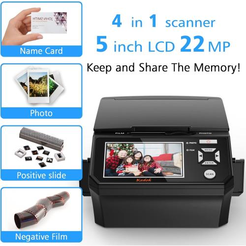 Photo,NameCard,Slide & Negative Scanner with Large 5 LCD Screen,Film and Slide Digitizer-Convert 35mm,110 Film/Photo(3R,4R,5R)/NameCard to 22MP Digital JPEG-8GB SD Card Included