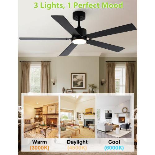 Ceiling Fans with Lights, 52 Inch Modern Ceiling Fan with Remote Outdoor Ceiling Fan for Bedroom, Living Room,High CFM Ceiling Fans with 3CCT LED Lights Kit, Quiet DC Motor, Timer