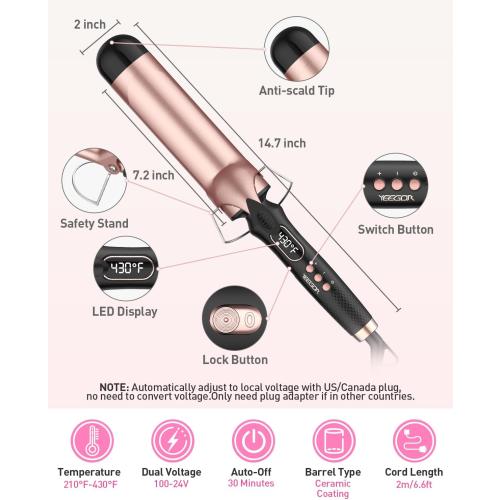 YEEGOR 2 inch Extra Large Curling Iron,Long Barrel Culing Wannd,100-240V Dual Voltage Hair Curler for Big Wave Curls,12 Temps