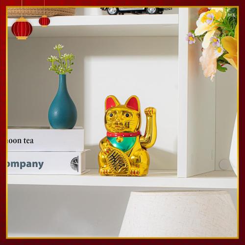 Chunful 6 Inch Lucky Cat Waving Arm Maneki Neko Lucky Beckoning Feng Shui Wealth Cat for Welcoming Fortune Wealth Prosperity Decoration, Battery Not Included(Gold Color)