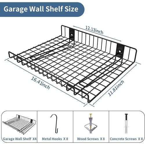 4 Pack Garage Wall Shelf, Wall Mounted Storage Shelves, Heavy Duty Metal Shelves for Room Wall, Loads 160 LBS Floating Shelves Mesh Storage Rack for Garage, Office, Basement,Wall Cabinet and Kitchen