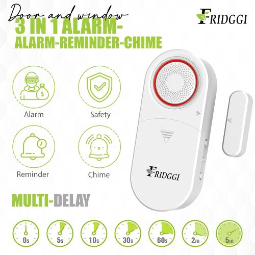 3-in-1 Alarm - Door Left Open Alarm with Delay, 0/5/10/30/60 Seconds, 2/5 Minutes, Window Ajar Chime, Close Door Reminder, 80 to 120 dB, Time Delay Alerts for Home, Office, Shop. (Grey)