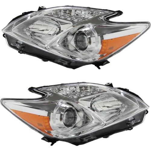 Headlight Assembly Fit for 2012-2015 Toyota Prius,Halogen Headlamp Replacement Driver Passenger Side Chrome Housing Amber Reflector Clear Lens TO2518134 TO2519134