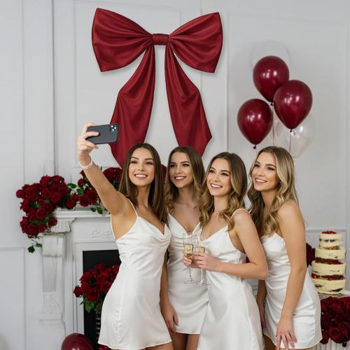 43 x 24 Inches Large Bow Themed Party Decorations Giant Red Bow Decor Satin Ribbon, Contains Felt Big Red Bow Wall Decor Girl Coquette Birthday Wedding Decorations