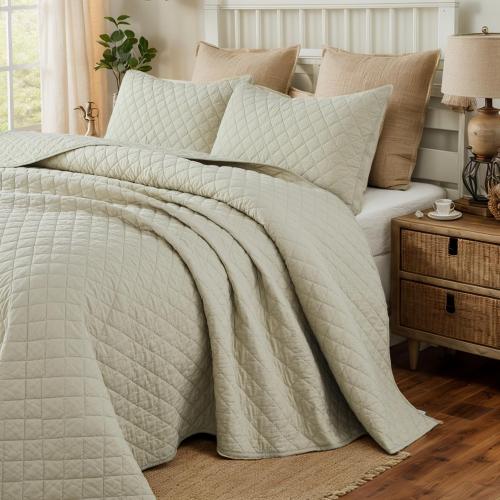 Brandream King Size Quilt Set Cotton Beige Quilts Summer Quilt Set Luxury Diamond Checker Plaid Quilt Bedding Set 3-Piece
