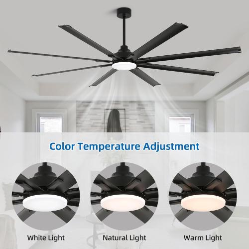 96 Inch Industrial Ceiling Fan with Light and Remote Control，Large Ceiling Fans with 8 Reversible Aluminum Blades, 3CCT, 6-Speed,Commercial Ceiling Fan for Porch/Garage/Shop