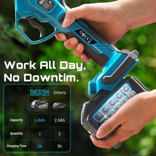 SEESII Electric Pruning Shears Cordless: Up to 1.6 Cutting Diameter Power Pruner - 2 Pcs 4.0Ah Batteries, Brushless Motor, Extra SK5 Blade, 4 Modes Adjustable Branch Cutter for Tree Flower Trimming